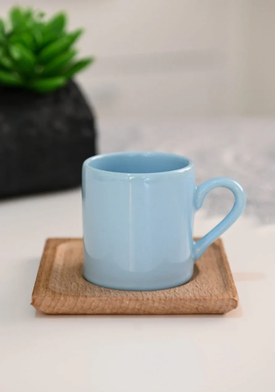 Pastel Mavi Ahşap Tabak Türk Kahve Fincanı